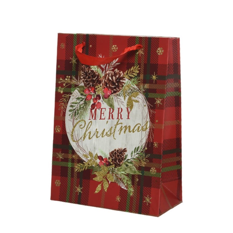 Draagtassen KM  | Kersttassen Schotse Ruit Rood 30 X 12 X 42 Cm (6 Stuks)